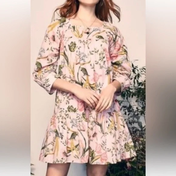 Happy Nature Pink Multicolor Floral Cotton Cottagecore Mini Dress S Medium. G#56 - Picture 1 of 17